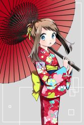 Rule 34 | 1girl, bad id, bad twitter id, blue eyes, brown hair, cowboy shot, creatures (company), full body, game freak, hair ornament, highres, japanese clothes, kimono, long sleeves, may (pokemon), nintendo, open mouth, pokemon, pokemon rse, simple background, solo, standing, umbrella, upper body, yuihico