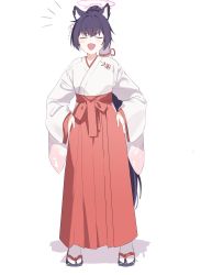 Rule 34 | 1girl, absurdres, animal ear fluff, animal ears, black hair, blue archive, closed eyes, full body, hakama, halo, hands on own hips, highres, japanese clothes, kimono, long hair, miko, notice lines, official alternate costume, open mouth, petal print, red hakama, sandals, serika (blue archive), serika (new year) (blue archive), simple background, solo, white background, white legwear, wide sleeves, zapik