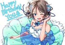 Rule 34 | 1girl, aqua dress, armpits, artist request, bare shoulders, blue bow, blue dress, blue eyes, blue flower, blue rose, blush, bow, brown hair, dated, detached sleeves, dress, earrings, female focus, flower, garter straps, hair between eyes, jewelry, lingerie, looking at viewer, love live!, love live! sunshine!!, open mouth, ring, rose, short hair, short sleeves, smile, solo, strapless, strapless dress, sunset, swept bangs, teeth, thighs, tiara, underwear, watanabe you, waves, wedding dress