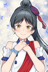 Rule 34 | 1girl, black hair, blush, bow, buttons, commentary request, hair behind ear, hair bow, hazuki ren, high ponytail, highres, houndstooth, long hair, looking at viewer, love live!, love live! superstar!!, own hands together, ponytail, sash, shirt, shoulder sash, sleeveless, smile, solo, star (symbol), start!! true dreams (love live!), tilted headwear, upper body, white shirt, yamada taishi, yellow eyes
