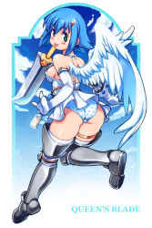 Rule 34 | 1girl, :p, angel of light nanael, armor, ass, blue hair, blue panties, boots, copyright name, elbow gloves, full body, gloves, greaves, green eyes, armored boots, nanael (queen&#039;s blade), nanael (queen's blade), panties, polka dot, polka dot panties, queen&#039;s blade, short hair, skirt, smile, solo, sword, thigh boots, thighhighs, tongue, tongue out, underwear, weapon, white gloves, white skirt, white wings, wings, yu 3