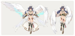 Rule 34 | &gt; &lt;, 1girl, angel wings, armor, bikini armor, black hair, boots, breasts, cape, cleavage, covering privates, covering breasts, closed eyes, feathers, gauntlets, hair ornament, highres, knee boots, long hair, navel, nipples, open mouth, original, purple eyes, see-through, showgirl skirt, solo, tiara, torn clothes, twintails, wings, yajiro masaru