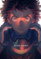 Rule 34 | 10s, 1boy, black hair, boku no hero academia, closed mouth, copyright name, english text, eye reflection, freckles, furrowed brow, gloves, glowing, glowing eyes, holding, light frown, looking at viewer, lor968, male focus, midoriya izuku, reflection, simple background, solo, upper body, white background