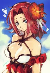 Rule 34 | 1girl, bare shoulders, bikini, blue eyes, blue sky, blush, breasts, cleavage, cloud, code geass, cosplay, creayus, day, flower, frills, granblue fantasy, hair flower, hair ornament, heart, hibiscus, kouzuki kallen, large breasts, looking at viewer, outdoors, parted lips, red hair, revealing clothes, short hair, sky, solo, swimsuit, twitter username, upper body, vila (cosplay), vira (granblue fantasy), white bikini