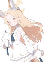 Rule 34 | 1girl, :d, absurdres, animal, animal ear fluff, animal ears, bird, blonde hair, blue archive, breasts, brown eyes, chinese commentary, commentary, detached sleeves, dress, forehead, frilled dress, frills, halo, hand up, highres, jyt, long hair, long sleeves, open mouth, parted bangs, puffy long sleeves, puffy sleeves, seia (blue archive), simple background, sleeveless, sleeveless dress, sleeves past fingers, sleeves past wrists, small breasts, smile, solo, tail, very long hair, white background, white sleeves