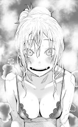 Rule 34 | 1girl, absurdres, bikini, blush, breasts, cleavage, commentary request, fangs, greyscale, haioku colonel, hair between eyes, hair bun, highres, large breasts, looking at viewer, monochrome, open mouth, original, sidelocks, simple background, single hair bun, solo, steam, swimsuit, upper body
