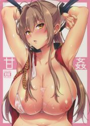 Rule 34 | 10s, 1girl, absurdres, amagi brilliant park, antenna hair, armpits, arms behind head, arms up, bdsm, bikini, bikini top only, blush, bondage, bound, breasts, brown eyes, brown hair, cleavage, cover, cover page, cum, cum on body, cum on breasts, cum on upper body, highres, huge breasts, long hair, looking at viewer, nipple slip, nipples, open clothes, open mouth, ponytail, sento isuzu, shouno kotarou, simple background, solo, swimsuit, vest, white bikini