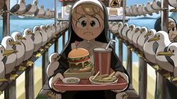 Rule 34 | &gt; &lt;, 2girls, :&lt;, bird, blonde hair, blue eyes, brown hair, burger, chicken, clumsy nun (diva), commentary, corn, diva (hyxpk), drooling, duck, english commentary, food, french fries, froggy nun (diva), frown, habit, highres, holding, holding tray, little nuns (diva), multiple girls, nervous sweating, nun, odd one out, seagull, sweat, traditional nun, tray, walking
