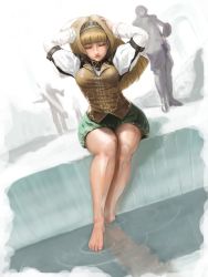 Rule 34 | alicia (valkyrie profile 2), arms up, barefoot, blonde hair, feet, hairband, highres, long hair, skirt, thighs, valkyrie profile (series), valkyrie profile 2: silmeria, water