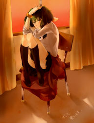 Rule 34 | 1girl, bow, chair, crying, crying with eyes open, dorsiflexion, eyelashes, green hair, hand on own head, highres, knees up, looking at viewer, macross, macross frontier, macross frontier: sayonara no tsubasa, no shoes, pleated skirt, ranka lee, red eyes, school uniform, scrunchie, short hair, sitting, skirt, socks, solo, tears, tenni noboru, thighs, wrist scrunchie