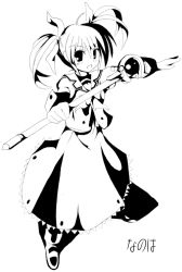 Rule 34 | 00s, 1girl, dress, gem, greyscale, holding, holding weapon, long sleeves, looking at viewer, lyrical nanoha, magical girl, mahou shoujo lyrical nanoha, monochrome, orb, polearm, raising heart, raising heart (device mode), rod, simple background, solo, staff, takamachi nanoha, takamachi nanoha (original mode), twintails, uniform, weapon, white background