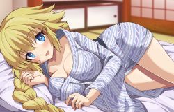 Rule 34 | 1girl, blonde hair, blue eyes, blush, braid, braided ponytail, breasts, cleavage, collarbone, fate/apocrypha, fate (series), highres, japanese clothes, jeanne d&#039;arc (fate), jeanne d&#039;arc (ruler) (fate), kimono, large breasts, long hair, long sleeves, looking at viewer, lying, on side, open mouth, sash, shimouki izui, smile, solo, thighs, very long hair, wide sleeves