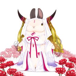 Rule 34 | animal, animal focus, rabbit, closed mouth, cosplay, detached sleeves, dress, facial mark, fate/extra, fate/extra ccc, fate (series), flower, full body, headdress, horns, lilac (p-f easy), long hair, long sleeves, looking at viewer, no humans, pink ribbon, red flower, ribbon, sessyoin kiara, simple background, solo, spider lily, standing, tassel, tattoo, white background, white dress, wide sleeves, yellow eyes