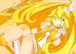 Rule 34 | 10s, 1girl, blonde hair, blush, bow, cure peace, double v, kise yayoi, legs, long hair, looking at viewer, magical girl, ofly (ofly252), open mouth, precure, slit pupils, smile precure!, solo, teeth, tiara, v, very long hair, wrist cuffs, yellow eyes