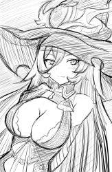 Rule 34 | 1girl, blush, breasts, cleavage, closed mouth, dress, greyscale, hair between eyes, hat, kayama kenji, large breasts, long hair, looking at viewer, monochrome, nijisanji, nui sociere, nui sociere (1st costume), simple background, smile, solo, very long hair, virtual youtuber, witch hat