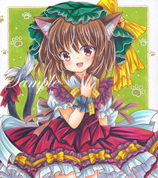 Rule 34 | 1girl, :d, animal ear fluff, animal ears, blush, brown hair, cat ears, cat tail, chen, cowboy shot, dress, gold trim, hat, looking at viewer, marker (medium), medium hair, mob cap, multiple tails, nekomata, open mouth, paw print, paw print background, red dress, red eyes, rui (sugar3), sample watermark, simple background, smile, solo, tail, touhou, traditional media, two tails, watermark, wrist cuffs, ||/