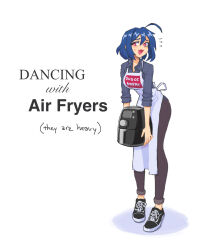 Rule 34 | 1girl, ahoge, air fryer, apron, black footwear, blue hair, collared shirt, commentary, endless monday: dreams and deadlines, english commentary, english text, fang, flying sweatdrops, full body, grey shirt, hcnone, highres, holding, looking at viewer, meme attire, open collar, open mouth, original, pants, print apron, red eyes, shirt, short hair, simple background, skin fang, skye (hcnone), sleeves rolled up, solo, sugoi dekai, white apron, white background