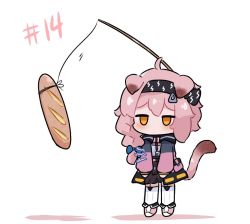 Rule 34 | 1girl, animal ears, arknights, black hairband, black skirt, blue bow, blush, bow, braid, bread, brown eyes, carrot on stick, cat ears, cat girl, cat tail, chibi, colored shadow, commentary, english commentary, food, garter straps, goldenglow (arknights), hair bow, hair over shoulder, hairband, high-waist skirt, hungry, jacket, jitome, kurotofu, lightning bolt print, long sleeves, open clothes, open jacket, pink footwear, pink hair, pink jacket, puffy long sleeves, puffy sleeves, ribbed legwear, shadow, shirt, shoes, single braid, skirt, sleeves past wrists, solo, stomach growling, tail, thighhighs, white background, white shirt, white thighhighs