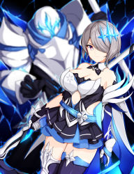 Rule 34 | 1girl, absurdres, armor, armored dress, armored gloves, bare shoulders, belt, black gloves, blue belt, blue thighhighs, blurry, blurry background, boots, breasts, center opening, cleavage, clothing cutout, commentary request, detached collar, dress, dutch angle, elbow gloves, gloves, grey hair, hair ornament, hair over one eye, highres, holding, holding scythe, honkai (series), honkai impact 3rd, large breasts, layered dress, looking at viewer, parted lips, pleated dress, purple eyes, revealing clothes, rita rossweisse, rita rossweisse (artemis), scythe, short hair, side cutout, sidelocks, smirk, solo, strapless, strapless dress, thigh boots, thighhighs, weapon, wsman, zettai ryouiki
