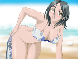 Rule 34 | 1girl, artist request, beach, bent over, black hair, blurry, bottomless, breasts, brown eyes, cleavage, depth of field, covered erect nipples, eureka seven, eureka seven (series), female focus, looking up, parted lips, short hair, solo, talho yuuki, tank top