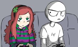 Rule 34 | &gt;:(, /v/, 1boy, 1girl, 4chan, animated, animated gif, bags under eyes, clover, controller, eyebrows, four-leaf clover, freckles, frown, game controller, green eyes, hairband, hood, hoodie, light frown, long hair, looking at viewer, lowres, red hair, shirt, sitting, striped, striped hoodie, sweater, t-shirt, vivian james