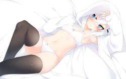 Rule 34 | 1girl, armpits, black thighhighs, blue eyes, blush, bow, bow bra, bow panties, bra, breasts, collarbone, commentary request, feet out of frame, hair between eyes, hair ornament, hairclip, hand up, hood, jacket, medium hair, navel, open clothes, open jacket, original, otokuyou, panties, ringo-chan (otokuyou), short hair, skindentation, small breasts, solo, thighhighs, underwear, white bra, white hair, white jacket, white panties
