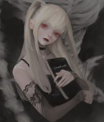 Rule 34 | 12yun30, 1girl, amane misa, bare shoulders, blonde hair, blunt bangs, choker, cross, death note, hair ornament, highres, jewelry, lace sleeves, long hair, nail polish, red eyes, red nails, skull hair ornament, solo, thighhighs, two side up