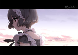 Rule 34 | 1girl, anime coloring, annindoufu (oicon), black ribbon, brown hair, cloud, detached collar, from behind, hair blowing, letterboxed, looking to the side, maid, maid headdress, original, outdoors, parted lips, red eyes, ribbon, short hair, short sleeves, solo, twilight, upper body, wind