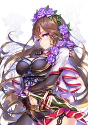 Rule 34 | 10s, 1girl, asymmetrical clothes, black gloves, breasts, brown hair, capelet, closed mouth, clothing cutout, commentary request, cowboy shot, elbow gloves, eyelashes, floating hair, floral background, flower, frills, from side, gloves, granblue fantasy, hair between eyes, hair flower, hair ornament, hand to own mouth, hong (white spider), large breasts, long hair, looking at viewer, looking to the side, navel, navel cutout, purple eyes, purple flower, purple rose, rose, rosetta (granblue fantasy), sheath, sheathed, short sword, single pantsleg, smile, solo, stenciled rose, stomach, sword, thorns, very long hair, weapon, white background