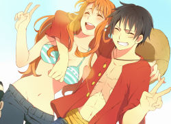 Rule 34 | 1boy, 1girl, abs, arm around neck, bikini, bikini top only, black hair, closed eyes, denim, earrings, grin, happy, hat, jeans, jewelry, karuha, long hair, monkey d. luffy, nami (one piece), navel, one piece, open clothes, open mouth, open shirt, orange hair, pants, sabaody archipelago, scar, shirt, short hair, simple background, smile, straw hat, striped bikini, striped clothes, swimsuit, v