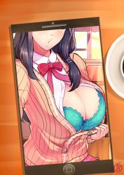 Rule 34 | 1girl, black hair, bra, breasts, breasts out, cleavage, desk, genei ibunroku #fe, highres, huge breasts, lips, one eye closed, open clothes, oribe tsubasa, parted lips, phone, fake phone screenshot, revolverwing, school desk, school uniform, sitting, smile, solo, taking picture, underwear, v