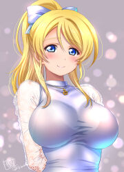 Rule 34 | 1girl, ayase eli, black bra, blonde hair, blue eyes, blush, bra, breasts, closed mouth, highres, kamogawa tanuki, large breasts, long hair, looking at viewer, love live!, love live! school idol project, ponytail, see-through, see-through shirt, see-through sleeves, shirt, smile, solo, underwear, upper body, white shirt