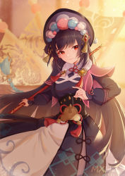 Rule 34 | 1girl, absurdres, black hair, blunt bangs, blurry, capelet, chinese clothes, commentary request, depth of field, eyeshadow, flag, genshin impact, hairband, highres, holding, holding staff, lolita fashion, lolita hairband, long hair, long sleeves, looking at viewer, makeup, mengxin huazha, qi lolita, red eyes, sidelocks, simple background, smile, solo, staff, vision (genshin impact), yun jin (genshin impact)