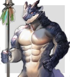 Rule 34 | 1boy, abs, absurdres, bara, blue scales, check copyright, colored sclera, completely nude, copyright request, dragon boy, dragon horns, dragon tail, fang, furry, furry male, highres, holding, holding polearm, holding weapon, horns, large pectorals, looking at viewer, male focus, muscular, muscular male, navel, neumo, nipples, no nipples, nude, original, out-of-frame censoring, pectorals, planted, polearm, red sclera, short hair, slit pupils, solo, stomach, tail, thick eyebrows, weapon