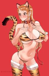 Rule 34 | 1girl, animal ear headwear, animal print, breasts, collar, cowboy shot, embarrassed, fake animal ears, hands on own chest, highres, joy boy, large breasts, looking back, nami (one piece), one piece, red background, red collar, tail, tail ornament, thighhighs, tiger print