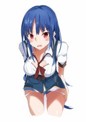 Rule 34 | 1girl, bent over, blue hair, blush, breasts, cleavage, highres, hinanawi tenshi, long hair, looking at viewer, medium breasts, no headwear, no headwear, open mouth, panties, panty pull, red eyes, ribbon, shirt, short sleeves, simple background, skirt, solo, tetsurou (fe+), touhou, underwear, white background