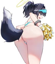 Rule 34 | 1girl, absurdres, animal ears, ass, ass focus, black hair, blue archive, bracelet, cameltoe, cheerleader, dog ears, dog girl, dog tail, from below, goggles, goggles on head, grey eyes, halo, hibiki (blue archive), hibiki (cheer squad) (blue archive), highres, holding, holding pom poms, jewelry, looking at viewer, millennium cheerleader outfit (blue archive), no pants, open mouth, pom pom (cheerleading), pom poms, ponytail, sidelocks, simple background, solo, tail, thighs, user ymyx3478, white background