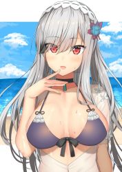 Rule 34 | 1girl, azur lane, b-ginga, beach, bikini, bikini top only, black bikini, blue sky, breasts, choker, day, dunkerque (azur lane), dunkerque (summer sucre) (azur lane), finger to mouth, front-tie bikini top, front-tie top, hairband, hand to own mouth, horizon, large breasts, lolita hairband, long hair, looking at viewer, open clothes, open shirt, outdoors, red eyes, ribbon trim, see-through, sidelocks, silver hair, sky, smile, solo, sweat, swimsuit, upper body