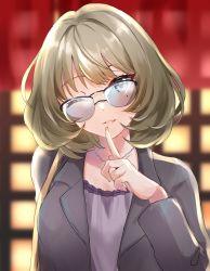 Rule 34 | 1girl, black-framed eyewear, blazer, blurry, blurry background, brown hair, chii (sbshop), glasses, grey shirt, highres, idolmaster, idolmaster cinderella girls, jacket, jewelry, long hair, long sleeves, looking at viewer, mole, mole under eye, necklace, one eye closed, open clothes, open jacket, open mouth, shirt, solo, straight hair, takagaki kaede, upper body