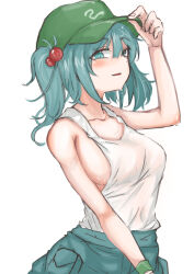 Rule 34 | 1girl, absurdres, blue eyes, blue hair, breasts, commentary request, flat cap, green hat, hair between eyes, hair bobbles, hair ornament, hat, highres, kawashiro nitori, kuraki, large breasts, looking at viewer, medium hair, shirt, sideboob, sleeveless, sleeveless shirt, solo, touhou, twintails, two side up, wet, white background, white shirt