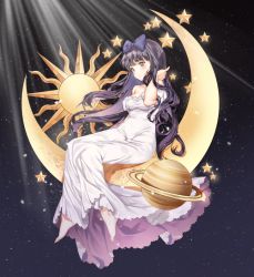 Rule 34 | 1girl, barefoot, blush, bow, cardcaptor sakura, chungu, closed mouth, crescent moon, daidouji tomoyo, dress, floating hair, foot dangle, hair bow, hand in own hair, hand up, long dress, long hair, moon, on crescent, purple bow, purple hair, saturn (planet), sitting, sky, smile, solo, star (sky), star (symbol), starry sky, sun, symbol-only commentary, white dress