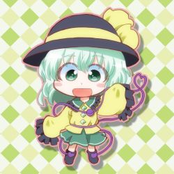 Rule 34 | 1girl, argyle, argyle background, argyle clothes, black footwear, black hat, blouse, buttons, chibi, collar, commentary request, eyeball, frilled collar, frills, full body, green eyes, green hair, green skirt, hat, hat ribbon, heart, heart of string, komeiji koishi, long sleeves, looking at viewer, matty (zuwzi), medium hair, one-hour drawing challenge, open mouth, ribbon, shirt, skirt, sleeves past wrists, solo, third eye, touhou, yellow ribbon, yellow shirt