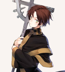 Rule 34 | 07-ghost, 1boy, black jacket, brown hair, closed mouth, frown, gold trim, green eyes, holding, holding staff, jacket, long sleeves, looking at viewer, male focus, meltnotmelt, short hair, solo, staff, teito klein, white background