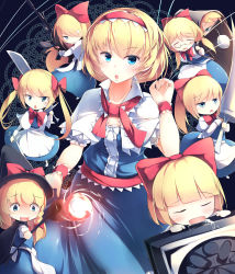 Rule 34 | :d, :o, absurdres, alice margatroid, alternate hairstyle, apron, black cape, blonde hair, blue eyes, blue skirt, blunt bangs, bob cut, bow, bowtie, cape, capelet, center frills, commentary request, d:, drooling, fireball, frills, glasses, gun, hair bow, hair over one eye, hat, highres, kanzakietc, lance, long hair, long skirt, looking at viewer, low twintails, open mouth, polearm, ponytail, puffy short sleeves, puffy sleeves, red bow, red neckwear, rifle, shanghai doll, shield, short hair, short sleeves, skirt, skirt hold, sleeping, smile, staff, sweatdrop, sword, touhou, twintails, v-shaped eyebrows, waist apron, weapon, white capelet, witch hat, wrist cuffs