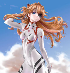 Rule 34 | 1girl, artist request, blue eyes, blue sky, bodysuit, breasts, brown hair, cowboy shot, evangelion: 3.0+1.0 thrice upon a time, eyepatch, floating hair, hair between eyes, hair ornament, hand in own hair, highres, interface headset, long hair, looking at viewer, neon genesis evangelion, plugsuit, rebuild of evangelion, shiny clothes, simple background, sky, solo, souryuu asuka langley, two side up, very long hair, white bodysuit, wide hips