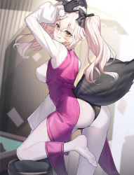 Rule 34 | 1girl, animal ear fluff, animal ears, arm up, ass, black bow, black gloves, black leotard, blush, bow, breasts, coattails, commentary request, fate/grand order, fate (series), fox ears, fox girl, fox tail, glasses, gloves, hair between eyes, hair bow, indoors, koyanskaya (assassin) (second ascension) (fate), koyanskaya (fate), leotard, long hair, long sleeves, looking at viewer, looking to the side, medium breasts, no shoes, pantyhose, pink hair, puffy long sleeves, puffy sleeves, ririko (zhuoyandesailaer), smile, soles, solo, stool, tail, tamamo (fate), thick eyebrows, twintails, white pantyhose, yellow eyes