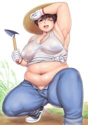 Rule 34 | 1girl, arm up, armpits, blue pants, blush, breasts, brown eyes, brown hair, character request, copyright request, covered erect nipples, foot out of frame, gloves, hair between eyes, hat, highres, holding, holding shovel, large breasts, looking at viewer, midriff, navel, one eye closed, open mouth, orizen, outdoors, pants, plump, puffy nipples, short hair, shovel, solo, squatting, sweat, tank top, tareme, thick arms, thick thighs, thighs, trowel, white background, white gloves