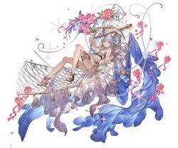 Rule 34 | 10s, 1girl, animal ears, bare shoulders, blue eyes, breasts, cleavage, erune, flower, full body, granblue fantasy, hair flower, hair ornament, hammock, high heels, holding, korwa, korwa (summer) (granblue fantasy), long hair, looking at viewer, lying, medium breasts, minaba hideo, nail polish, navel, official art, on back, quill, silver hair, smile, solo, sparkle, swimsuit, transparent background