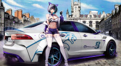 Rule 34 | 1girl, :d, absurdres, animal ear headphones, animal ears, arm support, azur lane, bare shoulders, black gloves, black hair, blue eyes, blue hair, blue nails, blue sky, breasts, car, cat ear headphones, cheshire (azur lane), cleavage, clothing cutout, cloud, collarbone, commentary, day, detached collar, fake animal ears, fingerless gloves, full body, gloves, hand up, headphones, headset, high heels, highres, jacket, jaguar (car), kcar66t, large breasts, location request, looking at viewer, midriff, motor vehicle, multicolored hair, navel, necktie, off shoulder, open mouth, outdoors, paid reward available, purple footwear, purple jacket, purple necktie, purple shorts, race queen, real world location, royal navy emblem (azur lane), shadow, short hair, short necktie, short shorts, shorts, side cutout, sidelocks, skindentation, sky, smile, solo, sports bra, standing, streaked hair, thighhighs, two-tone hair, v, vehicle request, white sports bra, white thighhighs