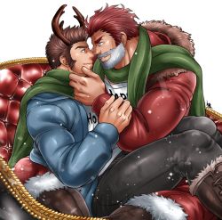 Rule 34 | 2boys, alternate costume, alternate skin color, antlers, arm grab, bara, beard, blue eyes, blue jacket, boots, brown hair, christmas, clothes writing, commission, couple, dark-skinned male, dark skin, english text, eye contact, facial hair, fake beard, fake facial hair, fate/grand order, fate (series), fur-trimmed jacket, fur trim, goatee, green scarf, hand on another&#039;s face, hood, hooded jacket, horns, imminent kiss, iskandar (fate), jacket, kemonomimi mode, knee boots, leather, leather boots, leather pants, long sideburns, looking at another, male focus, mature male, multiple boys, muscular, muscular male, napoleon bonaparte (fate), noses touching, pants, red eyes, red hair, red jacket, reindeer antlers, revision, scarf, shared clothes, shared scarf, shirt, short hair, sideburns, sitting, sitting on lap, sitting on person, skeb commission, sleigh, smile, snowing, spread legs, sunfight0201, thick thighs, thighs, white shirt, yaoi